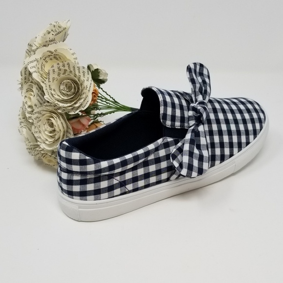 Women's Walking Shoes, Checkered Fabric Fashion Sneakers with Bows, SN-2811 Navy - Picture 3 of 5